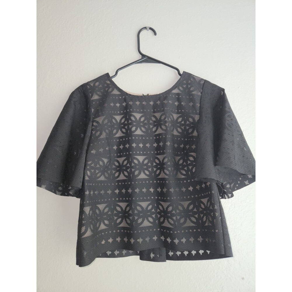 sugar lips women's black lace flutter sleeve crop top size s nude lined back zip